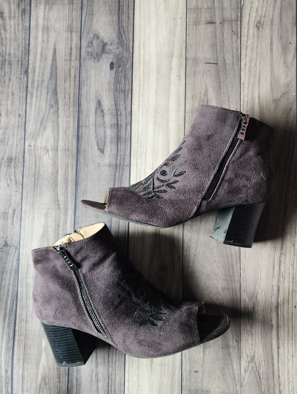 Andrew Geller Women's Suede Peep-Toe Ankle Bootie With Embrodered Design